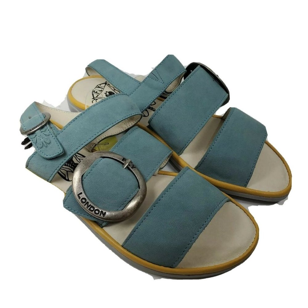 FLY London women sandals Codo Pale Blue Leather Large Buckle Detail flat 6.5 7